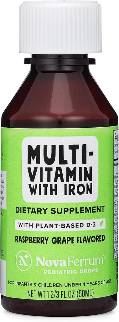NovaFerrum Delish CLAS124; Vegan Multivitamin se železem pro kojence, Toddlers & Kids CLAS124; Imunitní podpora CLAS124; Organic Plant- Based D- 3 CLAS124; gluten Free CLAS124; Vegan Overified CLAS124; Sugar Free CLAS124; 1.69 Fl Oz (50 ml)