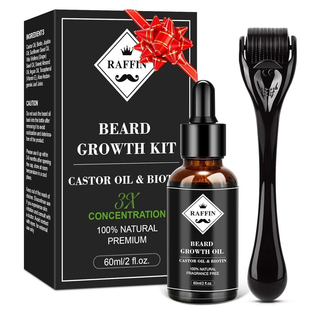 RAFFIN Beard Růstový kit, Upgraded Beard Growth Oil (2Oz) w / Maximum Thickening Biotin & Castor Oil for Spot / Patchy Beard, Achieve Fuller, Silnější a zdravější vousy, dárky pro něj přítel manžel táta