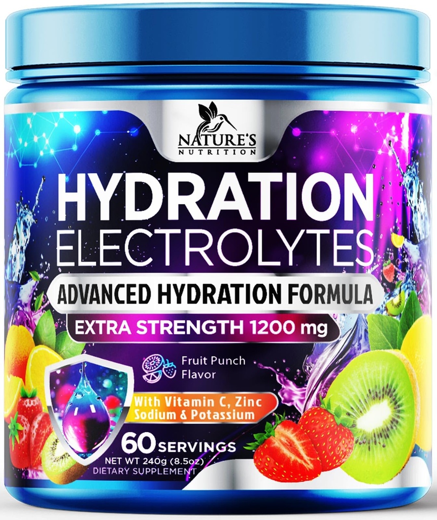 Hydratace Electrolyte Powder 1200mg - Denní tekutý doplňovací nápoj Mix - Electrolyte Multiplier s minerály, draslík & Real Salt, Keto, Non- GMO - Chutné ovocné příchutě Electrolyty - 60 Servings