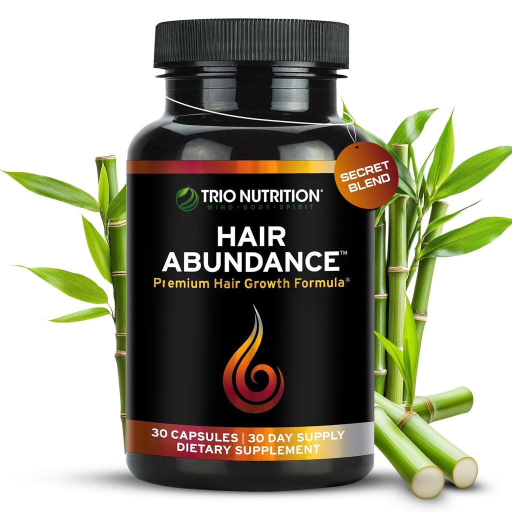 TRIO NUTRITION Hair Abundance 124; přírodní doplněk vitamínu pro růst vlasů, silné nehty a hladká kůže 124; posílen kolagen, keratin, zinek a selen 124; Biotin 10000mcg Gul124; 30 Day Supply