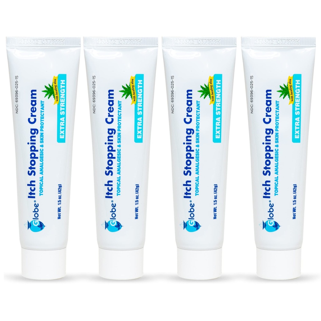 (4 Pack) Globe Extra Strength Itch zastavení anti- Itch Cream 1.5 Oz s Histamine Blocker, Difenhydramine HCl Topical Angesic & Zinc Acetát kůže protectant pro úlevu od většiny venkovních Itches