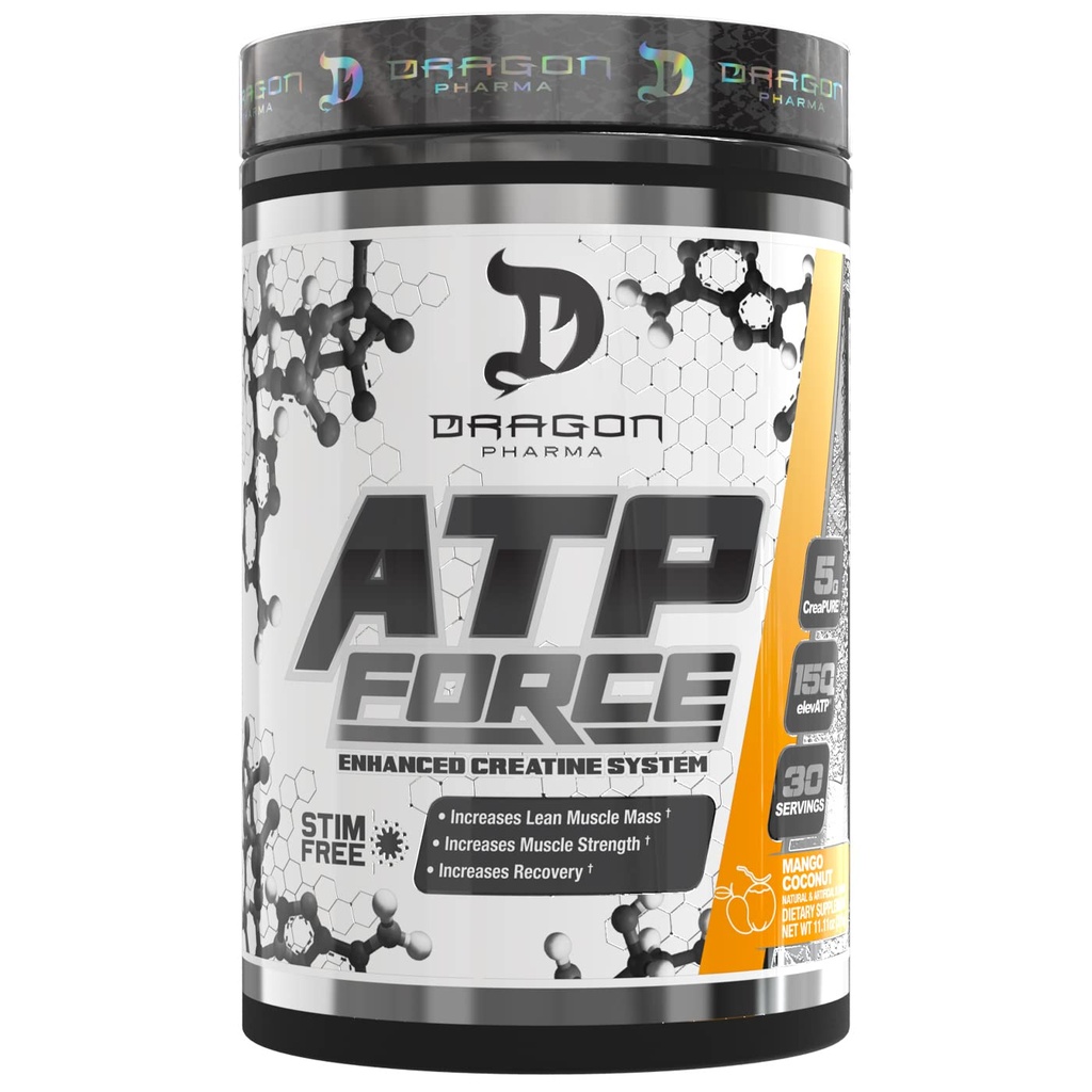 DRAGON PHARMA ATP Force Enhanced Creatine System, Stim- Free, Increase Lean Muscle Mass & Recovery, 5 Grams of CreaPure, Zlepšuje krevní tok (30 Služeb, Mango Coconut)