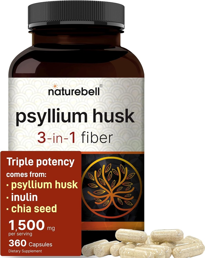 NatureBell Psylium Husk Fiber dodatek, 1,500mg Per Serving, 360 Kapsle 124; s Inulin & Chia Seed dur 124; Organic Soluble Fiber for Digestive & Gut Health Duplicate 124; Plant- based, Non- GMO, gluten- Free