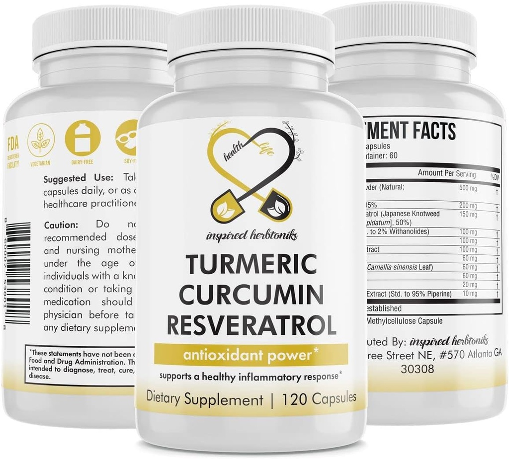 Kurkumin Resveratrol Nutriční dodatek, Antioxidant Vlastnosti, Podporuje dobrý zánět a imunitní systém, 120 Vegan Kapsle