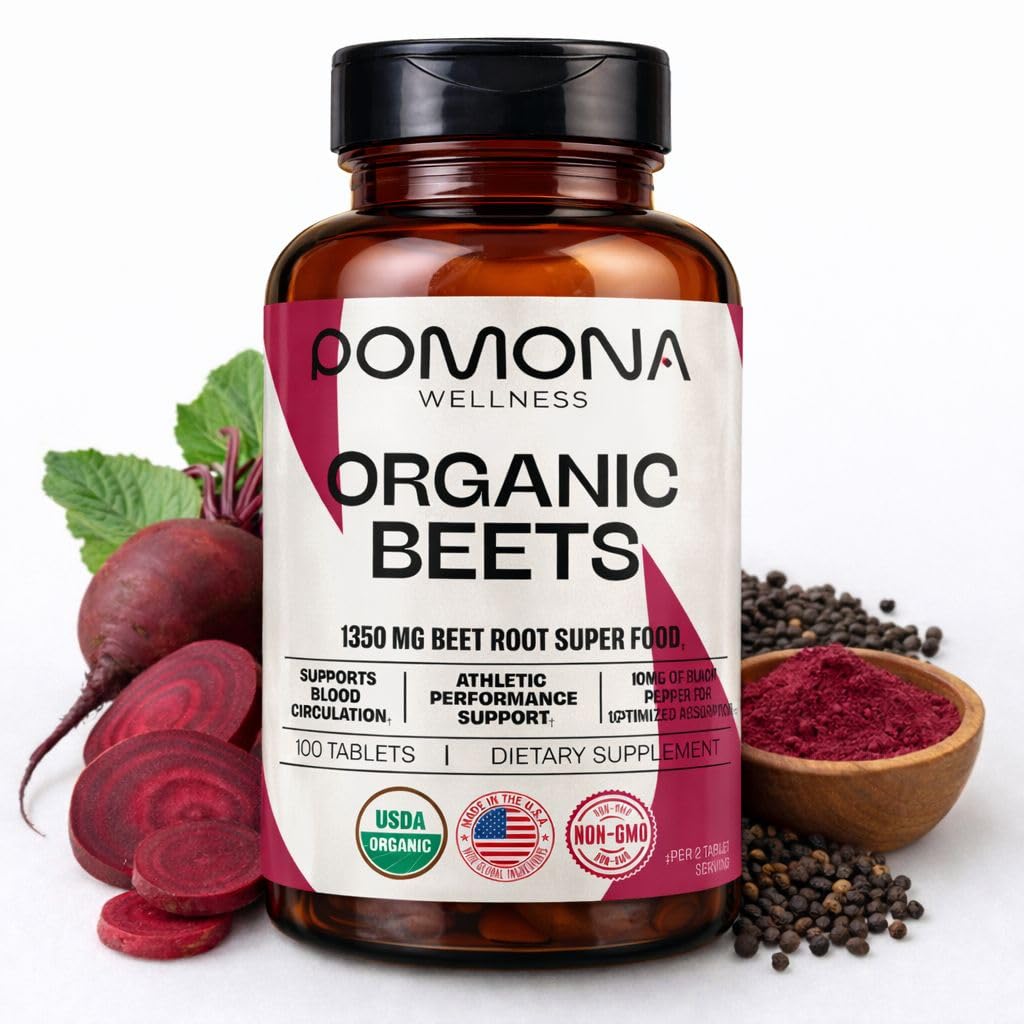 Pomona Wellness Beetroot dodatek prášek 1350mg, podporuje krevní tlak, srdeční zdraví, cirkulace, energie a atletická výkonnost, USDA Organic, Non- GMO, Vegan, 100 Tablety
