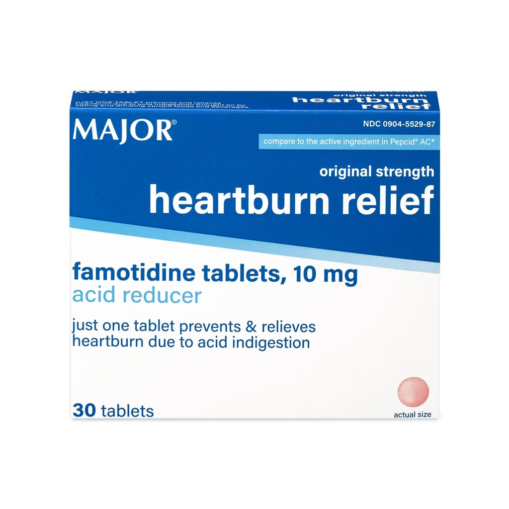 MAJOR Original Strength Heartburn Relief - Famotidin Tablety, 10 mg - Acid Reducer - 30 Tablet (1- Pack)