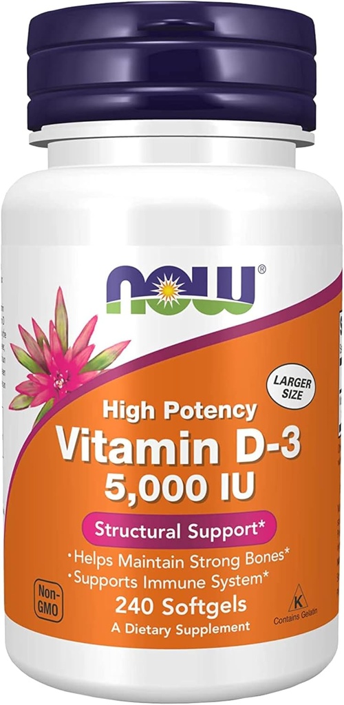 Nyní doplňky, Vitamin D-3 5000 IU, Vysoká účinnost, Strukturální podpora *, 240 Softgels s celosvětovým Nutrition Keychain
