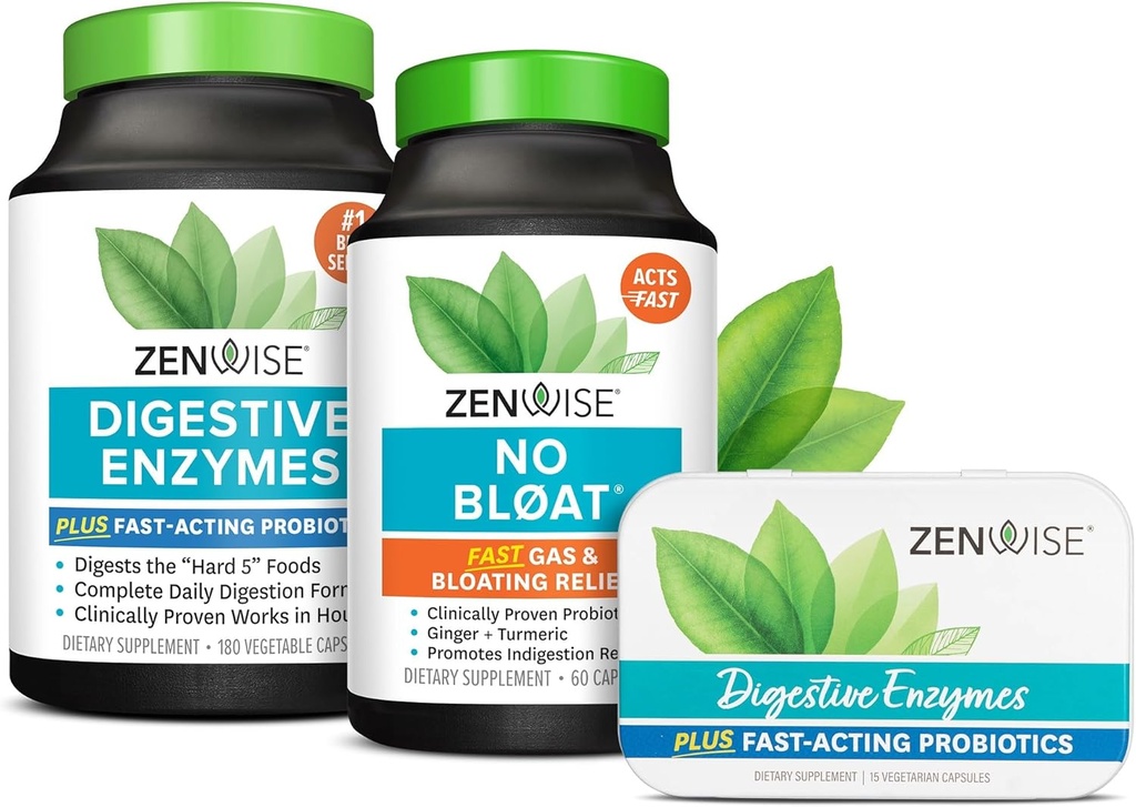 Zenwise Zdraví Dědičné Enzymy, No Bloat, a Free Travel Tin s probiotika pro trávicí a Gut zdraví 124; Bloating Relief pro ženy a muže