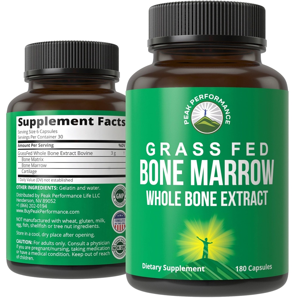 Peak Performance Fed Bone Marrow - celý kostní extrakt dodatek 180 Kapsle Superfood pilulky bohaté na kolagen, vitaminy, a aminokyseliny. Předčasné tablety