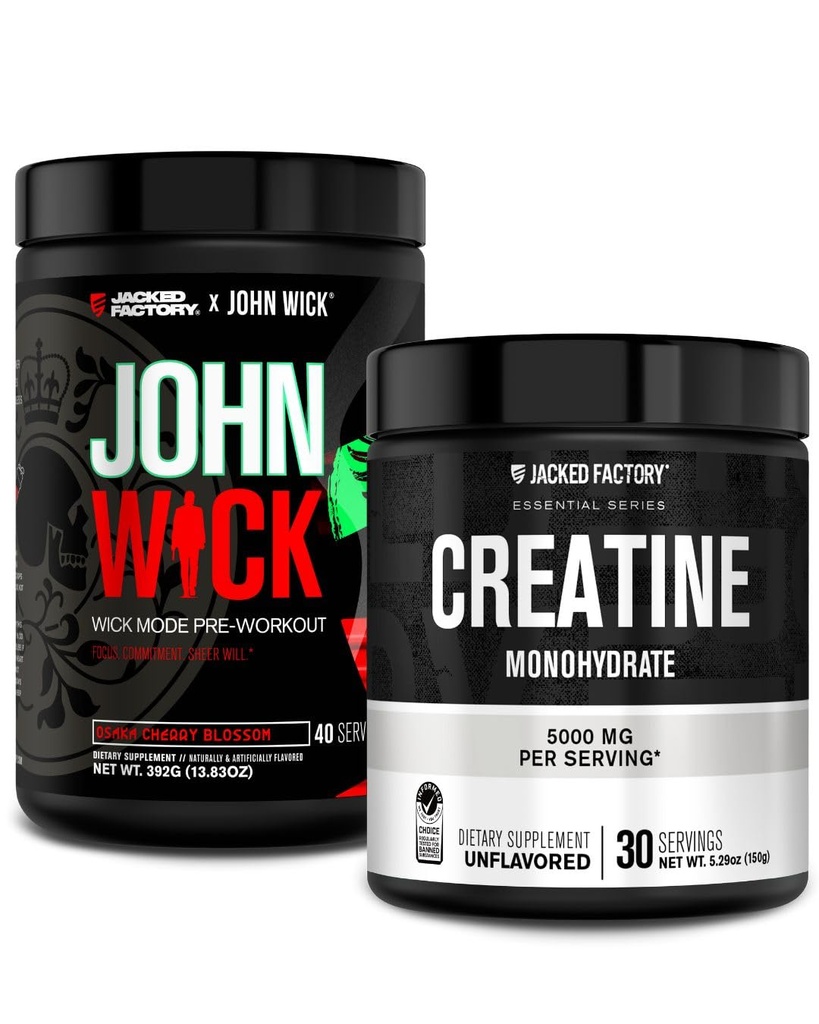 Jacked Factory X John Wick - Wick Mode Pre Workout Powder (Osaka Cherry Blossom, 40 Servings) & Creatine Monohydrát Powder (Neochucený, 30 Servings)