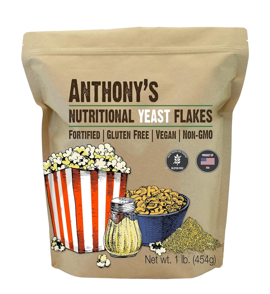 Anthony Premium Nutritional Yeast Flakes, 1 LB, opevněné, gluten zdarma, non GMO, Vegan