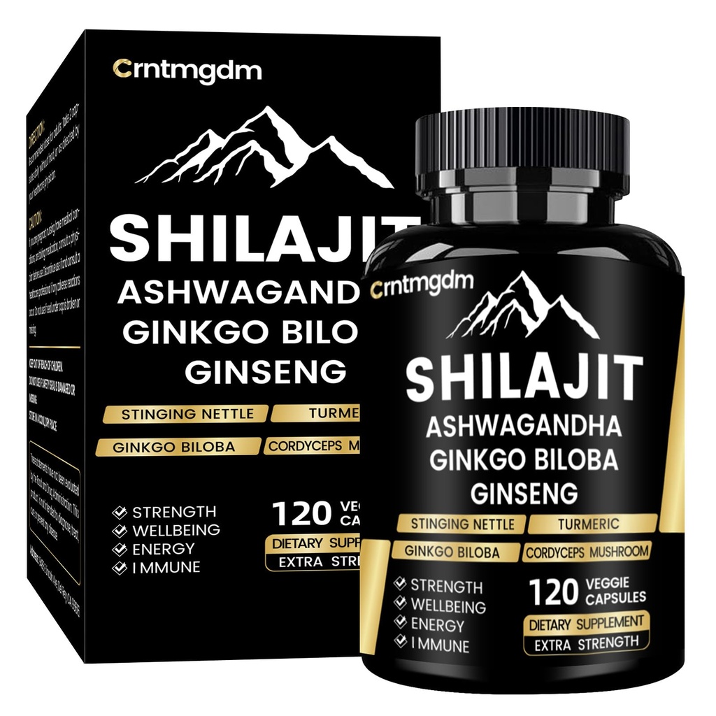 Shilajit Kapsle - 20,000mg Čisté Himalájské organické Shilajit pro muže a ženy s Ashwagandha, Podporuje Vitalitu a Wellness, Premium Shilajit Čisté Himalájské Dodatek, 120 Kapsle