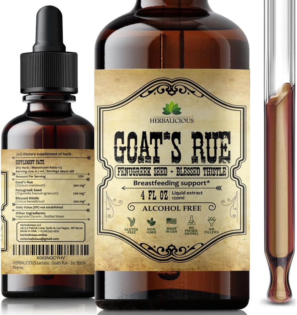 HERBALICOUS Kozí Rue Liquid Extract 4 fl oz - Přírodní bylina tinktura s kozí Rue, Fenugreek semen, Požehnaný bodlák - Alkohol zdarma Non- GMO Kojení dodatek pro zvýšené mléko prsu