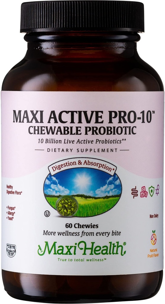 Maxi Health Active Pro-10 Děti Probiotické Žvýkačky - 15 Stravovací a imunitní zdraví - 10 miliard probiotické Blend- Dairy- Free, Kosher - Podporuje Gut zdraví, Vegetarian - 60 ct (Vysavač Stabilní)