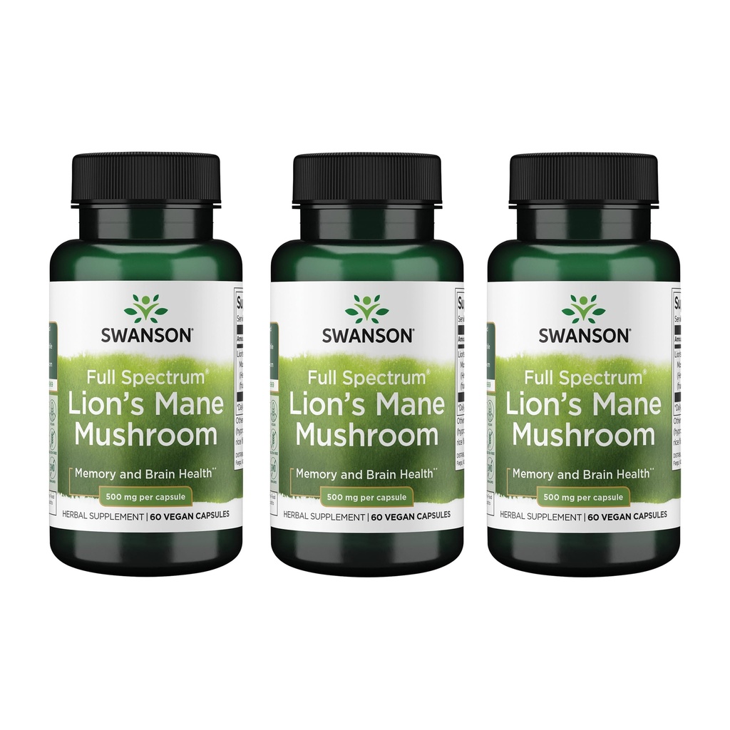 Swanson Lion 's Mane Houba - Tradiční doplněk Brain Booster Vyrobeno z Hericia Erinaceus (60 Kapsle, 500mg každý) 3 Pack