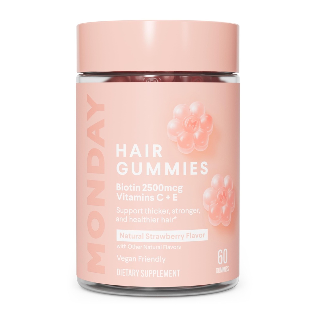 PONDĚLÍ HAIRCARE Vlasové gumy s 2500 mcg Biotin, Vitamin C & Vitiman E pro silnější, silnější a zdravější vlasy 60ct