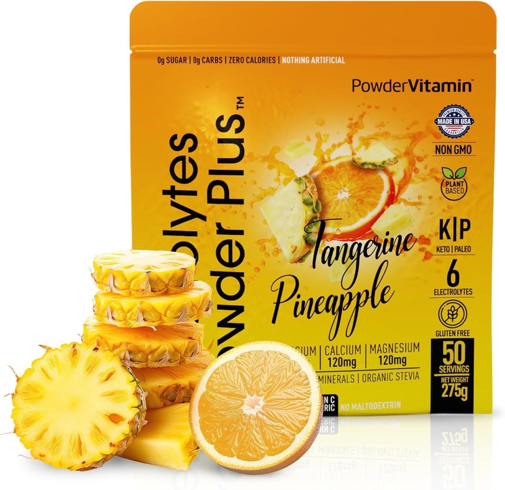 PowderVitamin Electrolytes Powder Plus (50 Serings) Tangerine Ananas Electrolyte Powder 0 Calorie Keto, 0 Cukr, No Maltodextrin, 1000mg Draslík, 120mg vápník, 120mg hořčík, Hydratační prášek