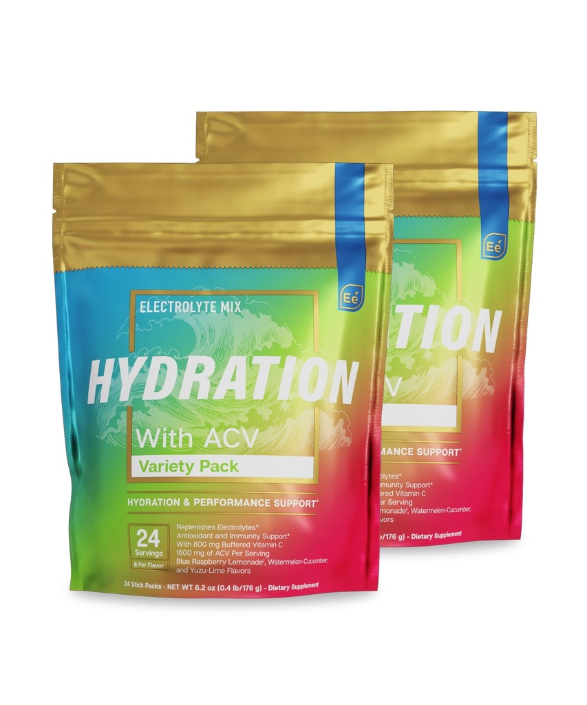 Základní prvky ® Hydratační balíčky - Variety Pack - Electrolytes Powder No Sugar - Electrolyte Drink Mix - Superior Hydratace s ACV & Vitamin C - 48 Stick Packs