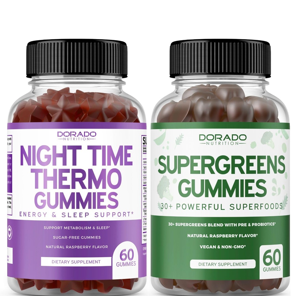 Night Time Fat Burner Gummies (60 Počet) - Ztráta hmotnosti & Metabolismus Sugar- Free Melatonin dodatek a Supergreens Gummies (60 Počet) - Zelené doplňky Podpora imunity - Non GMO & USA Made