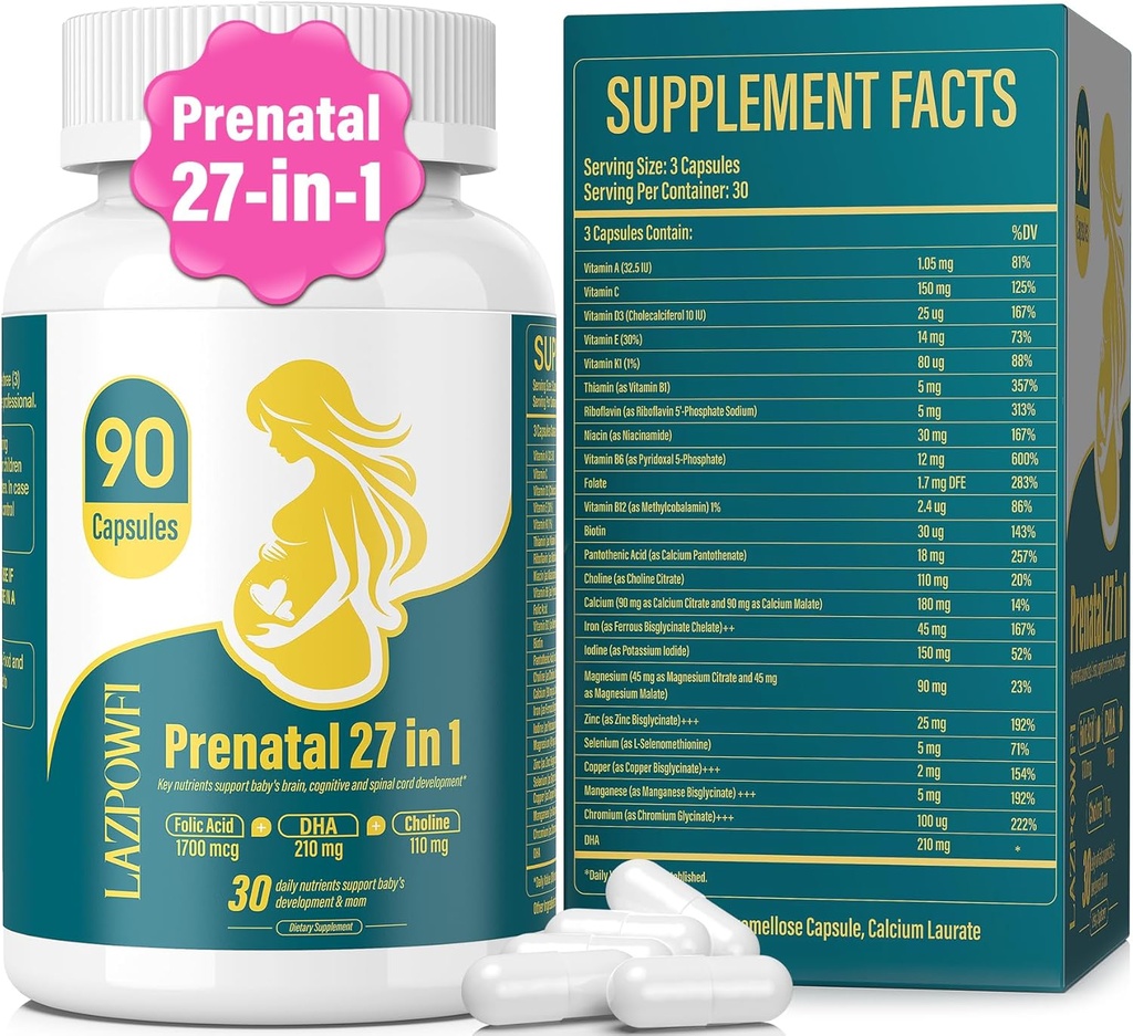 Prenatální vitaminy pro ženy Postnatální Multivitamin s kyselinou listovou DHA Cholin pro těhotné a kojící ženy Niacinamid Biotin a Minerály 27 v 1 Dodatek 90 Kapsles- 30 Služební