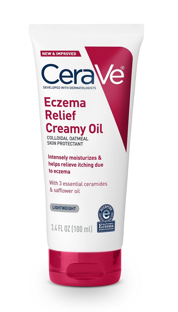 CeraVe Eczema Relief Creamy Tělesný olej, Eczema Calming Cream S koloidní ovesné vločky & Safflow Oil for dry Skin & Itchy Skin Relief, Steroid Free & Paraben zdarma, 3.4 Ounce