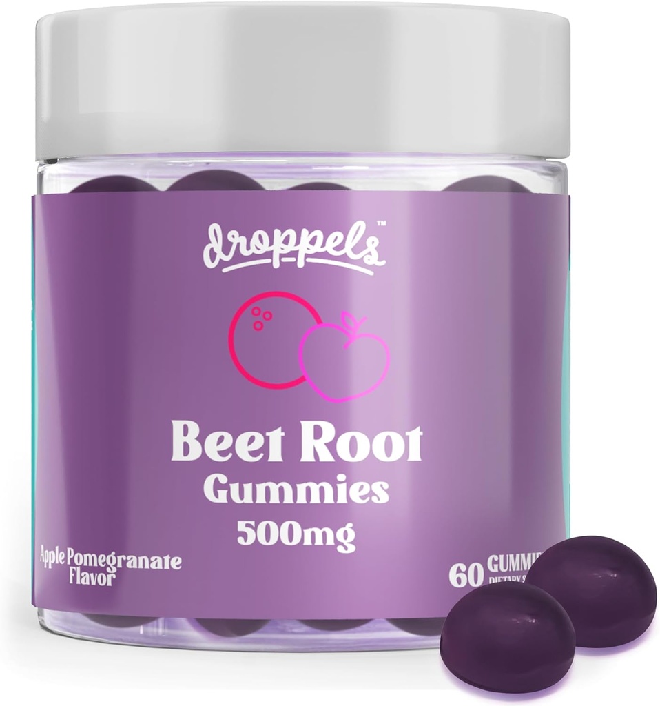 Droppels Beet Root Gummies with Beetroot Powder 500mg, Grape Seed Extract 300mg, Vitamin B12 & Niaccin current 124; Vegan, Pectin- based & Non- GMO Beetroot Supplement, Apple Pomegranate Flavor, 60 Počet