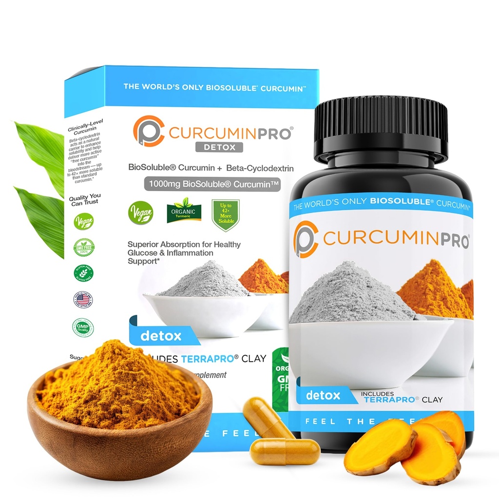 curcuminpro Detox Kapsle 124; Organic Turmeric Supplement with BioSoluble BCD & Natural Bentonit Clay 124; High Absorption Vegan Curcumin Blend for Gut and Heart Wellness 124; 60 Count