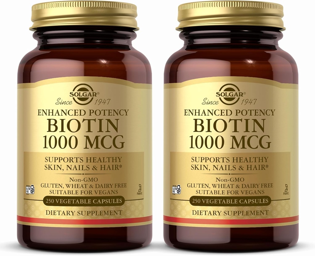 Solgar Biotin 1000 mcg, 250 Zeleninové kapsle (Balení po 2) - Podporuje zdravou pleť, hřebíky a vlasy - Energetický metabolismus - Vylepšená potence - Non- GMO, Vegan, Gluten Free, Dairy Free, Kosher - 500 Služeb
