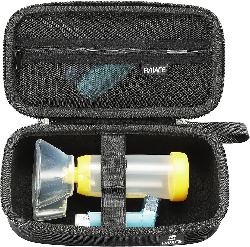 RAIACE Hard Travel Storage Case kompatibilní s Asthma Inhaler, Inhaler Holder Asthma Bag s síťovou kapsou pro medicínu a příslušenství. (pouze případ) - Černá