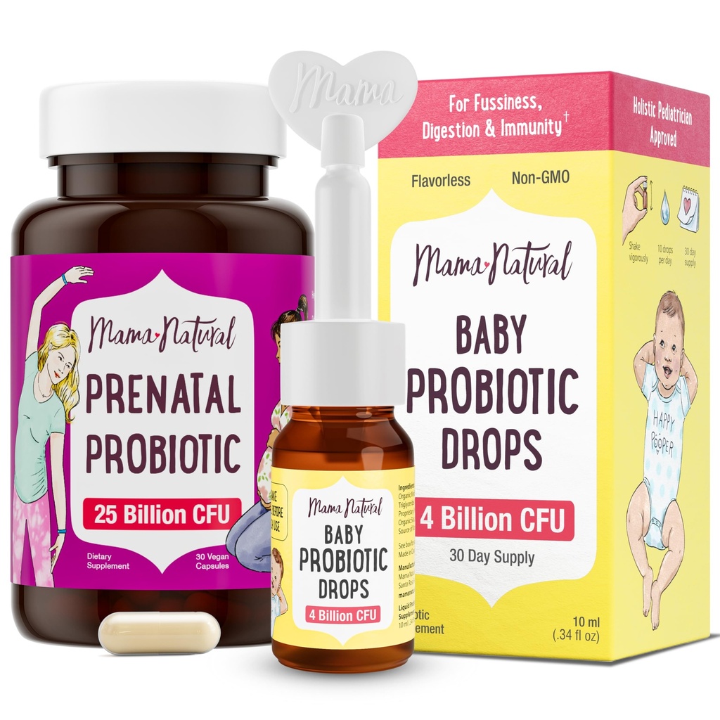 Mama Natural Prenatal Probiotic & Baby Probiotic Kapky Bundle - Gut, Vaginální a imunitní podpora pro mámu + Digestive Comfort pro dítě s kojenci Probiotika - Bundle & Save