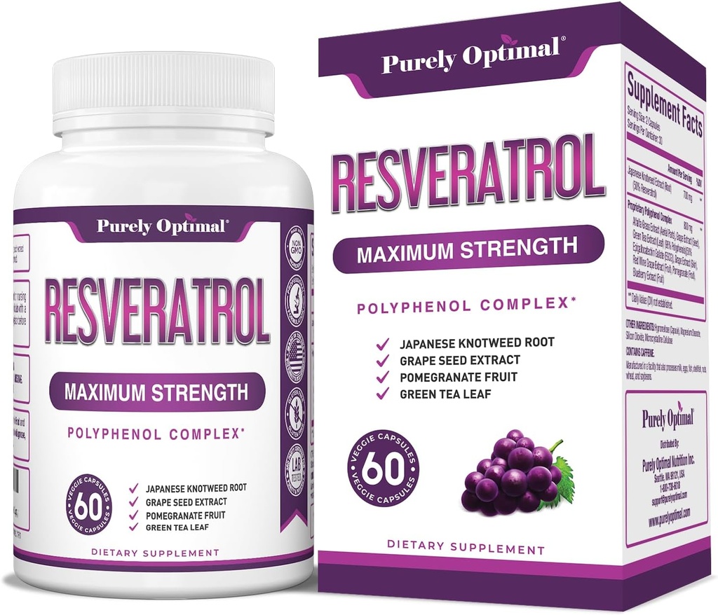 Čistě Optimální Resveratrol Dodatek 1500mg - Trans- Resveratrol z japonského Knotweed, Polyfenol Complex - Podporuje Graceful stárnutí, Vitality, Cognitive & Skin Health - 60 Vegan Kapsle