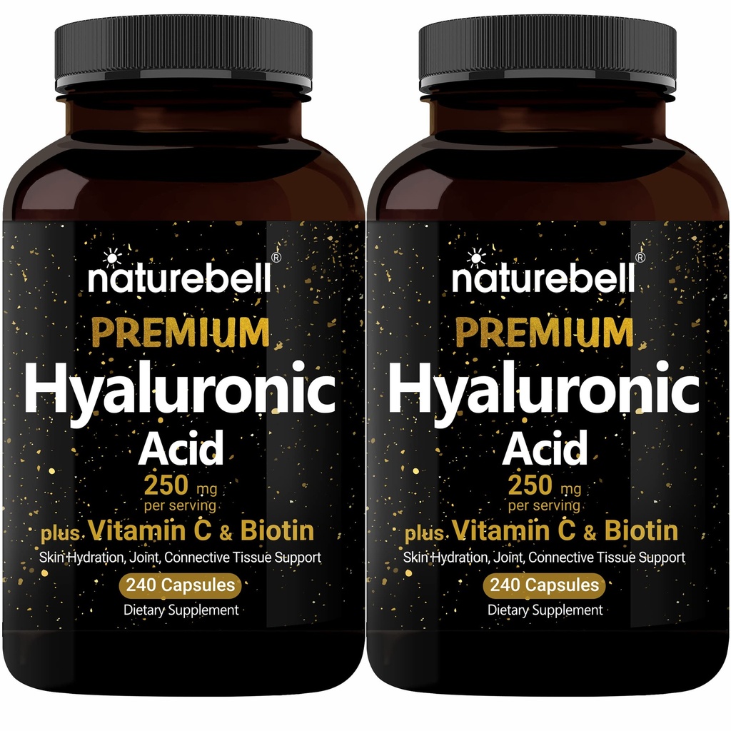 NatureBell 2 Pack Plant Based Hyaluronic Acid doplňky 250mg s 25mg vitaminu C & Biotin 5000mcg, 480 Celkem Kapsle 124; Základní pro růst vlasů, Společná podpora, & Hydratační kůže 124; Non- GMO