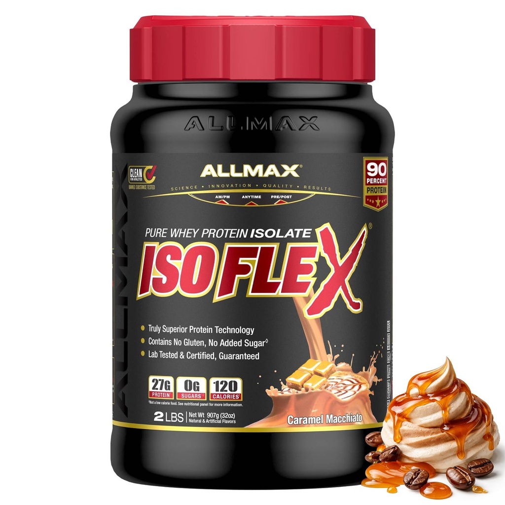 ALLMAX Nutrition ISOFLEX Syrovátkový proteinový izolát, karamel Macchiato - 2 LB - 27 gramů proteinu per Scoop - nula tuk & cukr - 99% laktóza zdarma - gluten zdarma & Soy zdarma - Přibližné 30 Služeb