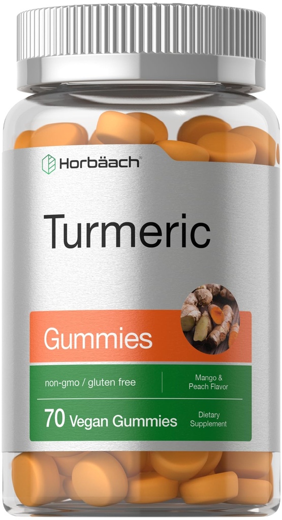 Horbäach Turmeric Gummies PHAR124; 70 Count GARMAN 124; Mango & Peach Flavor GARMAN 124; Turmeric Curcumin s Ginger GARMAN 124; Vegan Non- GMO & Gluten zdarma dodatek