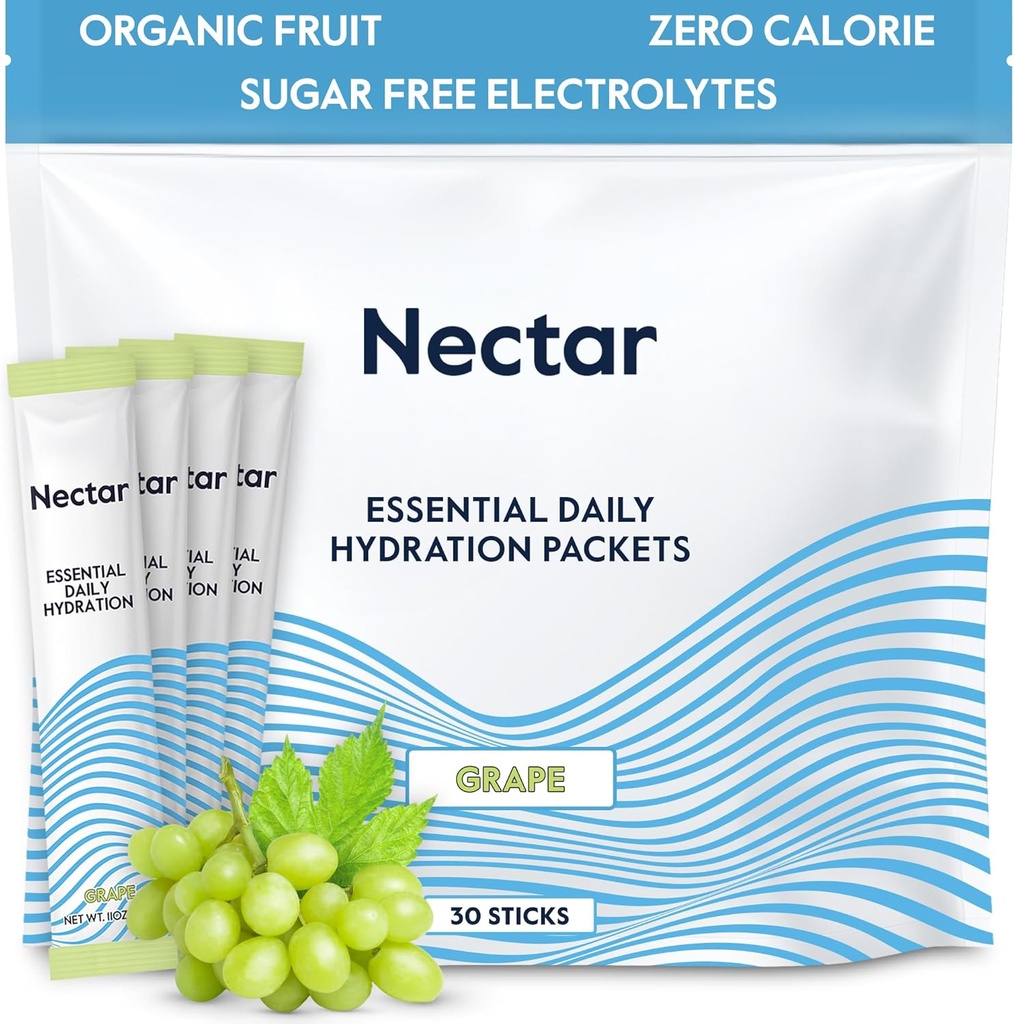 Nektar Hydratační balíčky - Electrolytes Powder Packets - Sugar Free & 0 Calorie - Organic Fruit Liquid Daily IV Electrolytes Powder for Dehydratation Relief & Rapid Rehydratation (Grape 30 Pack)