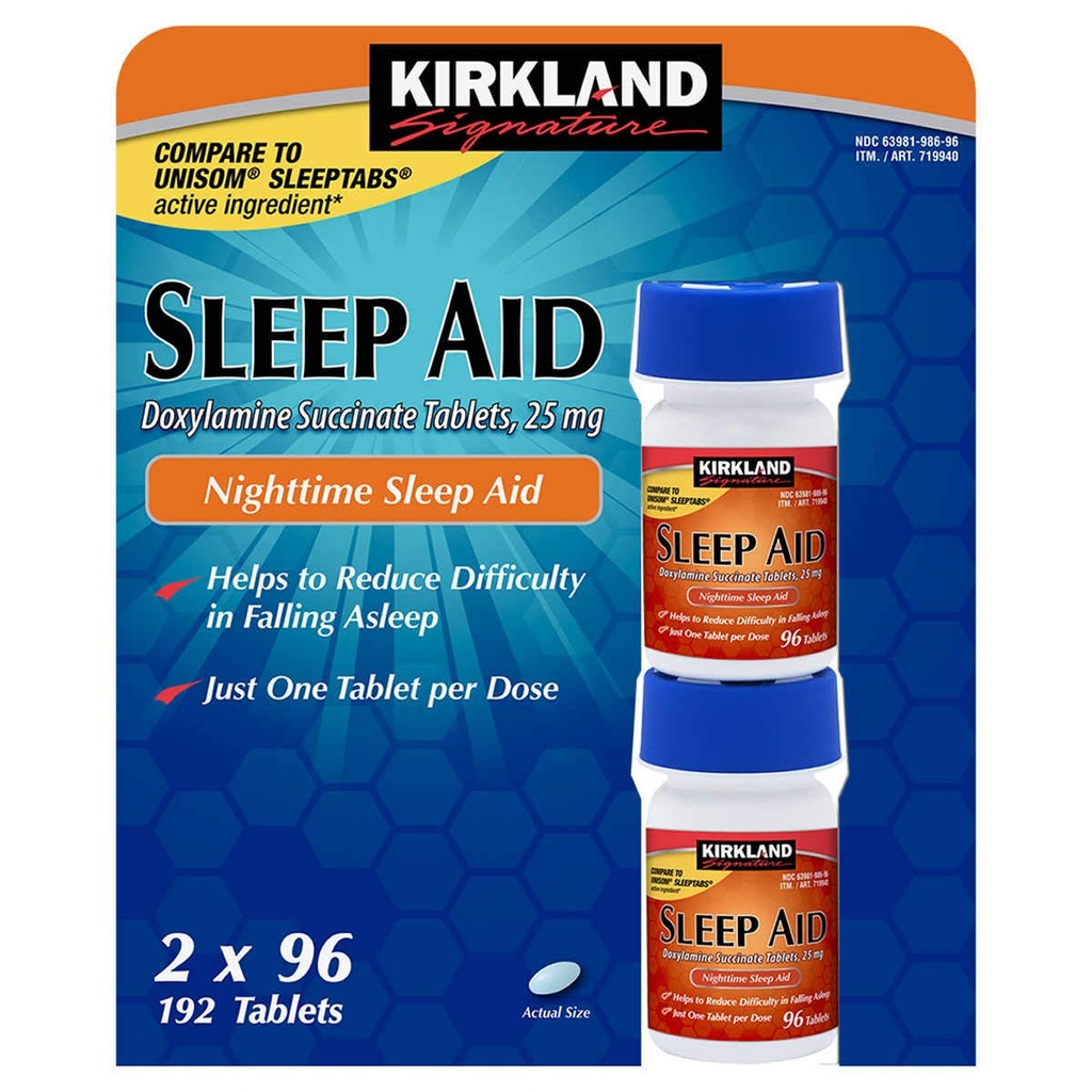 Cos7 Kirkland Signature Doxylamin Succinate Tablety, 25mg Nighttime Sleep Aid - 2 X 96 Tablety (192 Tablety Celkem)