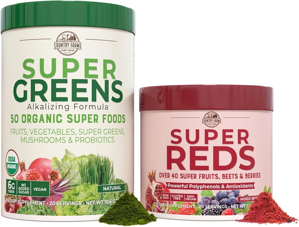 ZEMĚ FARMS Essential Pack, Super Zelený Powder a Super Rudé, Baleno s 50 organických Super Foods a 40 Super ovoce, přírodní energie, Bloating Support, Neochucené & Berry Flavor, 17.7 oz, 2 Pack