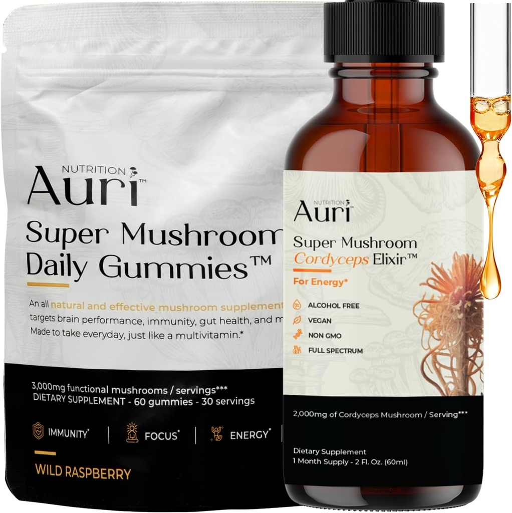 Auri Energy & Imunitate Boost Pack Super Houba Denní žvejkačky Cordyceps Elixir Bundle - Denní wellness pro Focus, Stamina, a Dlouhověkost - 60 Gummies + 60ml tinktura