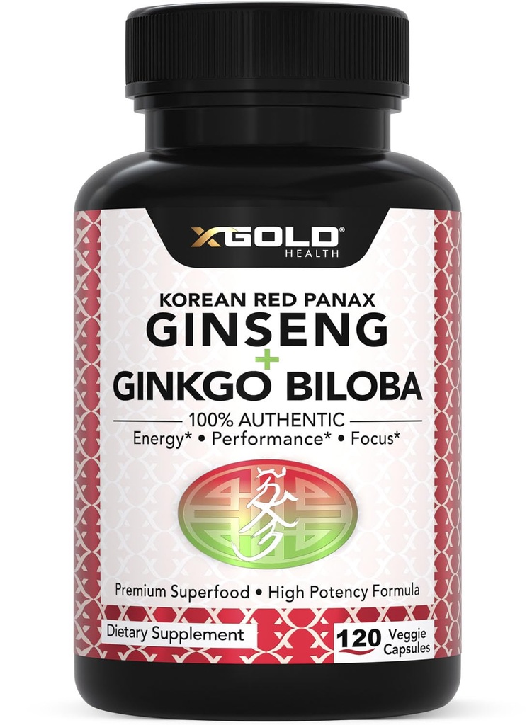 Authentic Korean Red Panax Ginseng 1200mg + Ginkgo Biloba 160mg - High Ginsenosids Extra Strength - Energy, Memory, Focus & Brain Health - Veganské kapsle pro muže a ženy - 120 Počet