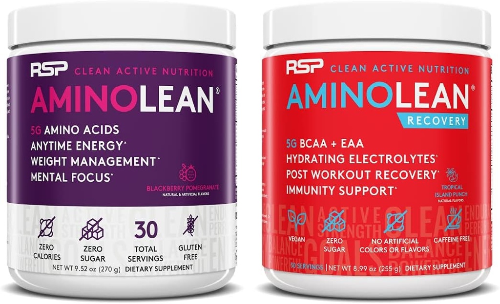 RSP NUTRION AminoLean Pre Workout Energy (BlackBerry Granátové 30 Služeb) s AminoLean Recovery Post Workout Boost (Tropical Island Punch 30 Služeb)