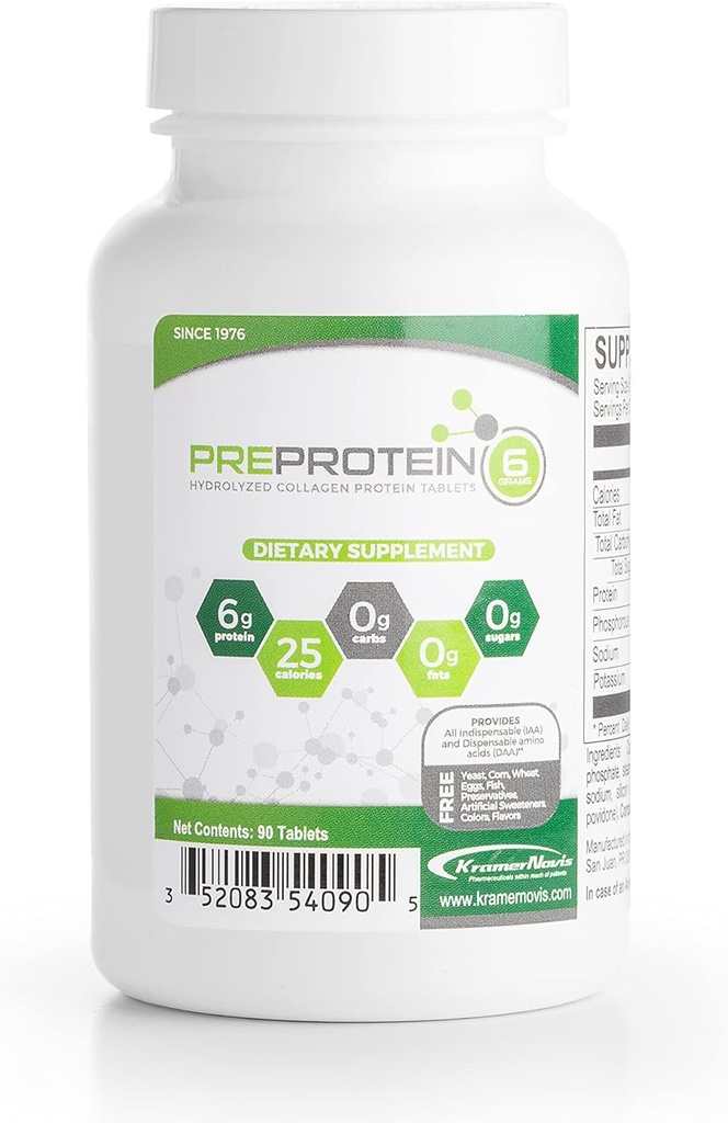 PreProtein ® Neochucené hydrolyzované kolagenové proteiny Sugar- Free Fat- Free Carb- Free, Amino Acids Protein Tablety, Používané zdravotními systémy, 90 Tablety