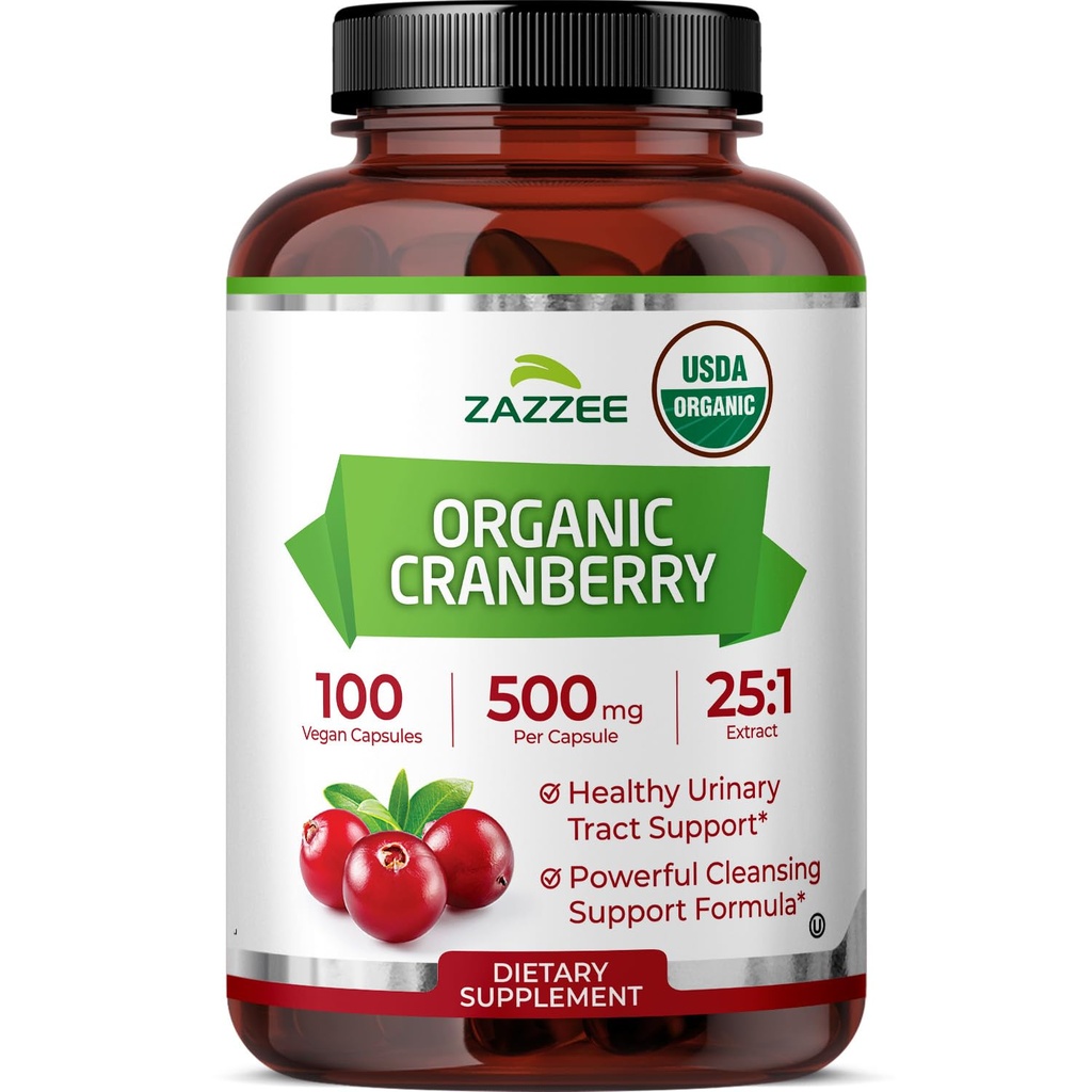 Zazzee USDA Organic Cranberry 25: 1 Extract, 500 mg na kapslí, 100 Vegan Kapsle, Více než 3 měsíce Dodávka, Standardizované, Koncentrovaný 25X Extract, 100% Vegetarian, Certified Organic, Non- GMO All- Natural