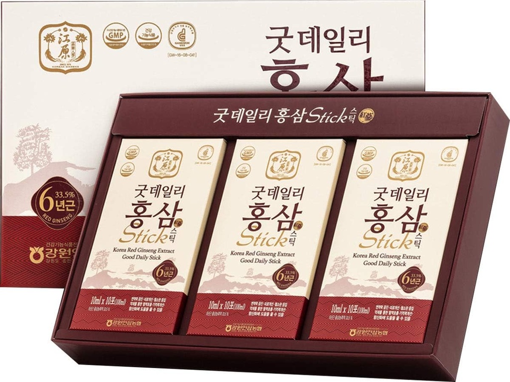 [Gangwoninsam] Korean Red Ginseng Extract Good Daily Stick 30 Count - Obsahuje 6 Rok Korean Red Ginseng Extract, Korean Food, Individual Packaged, 0.35 f. oz (10ml), 3 X 10-Count Box