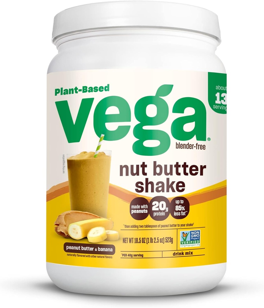 Vega Nut Máslo Shake, Arašídové máslo & Banana - Vegan Protein Powder, 20g Protein, Real Food Ingredients, No Add Sugar, 1,39 liber