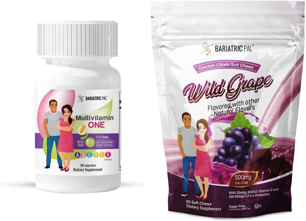 BariatricPal Duodenal Switch Kompletní 30denní zásobovací vitamin Pack (Iron- Free Capsule vápník Citrát měkké žvýkání s probiotika - Wild Grape)