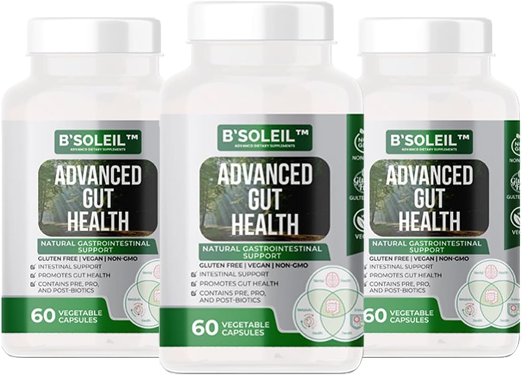 B 'Soleil ™ Pack of 3 Advanced Gut Health Probiotics - Pre, Pro & Post Biotics - Natural Gastrointestinální podpora - Gluten Free, Vegan & Non- GMO - 25 miliard CFU - 60 Kapsle v každém balení