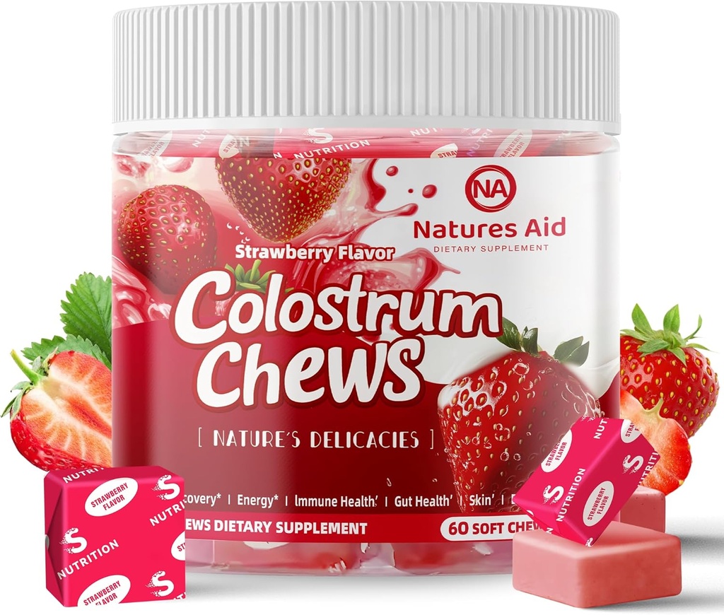 Colostrum Chews dodatek s probiotika pro Gut zdraví, nafouknutí, imunitní podpora, kůže, růst vlasů a krása - Jahodové aroma (60 Služeb)