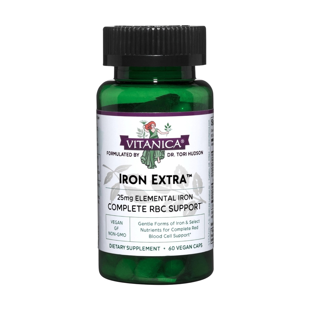 Vitanica Iron Extra, Železný dodatek Enhanced Absorpce s vitaminem C 500mg, Methylfolát 400mcg, B12 Vitamin 500mcg, vápník, Žlutý dok, Kořen kopřivy & Leaf Extract, Vegan, 60 Kapsle