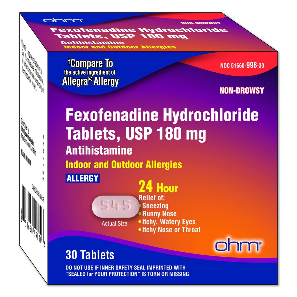 Ohm Non- Drowsy Fexofenadine Antihistamin Krytý venkovní alergie Relief tablety 30ct