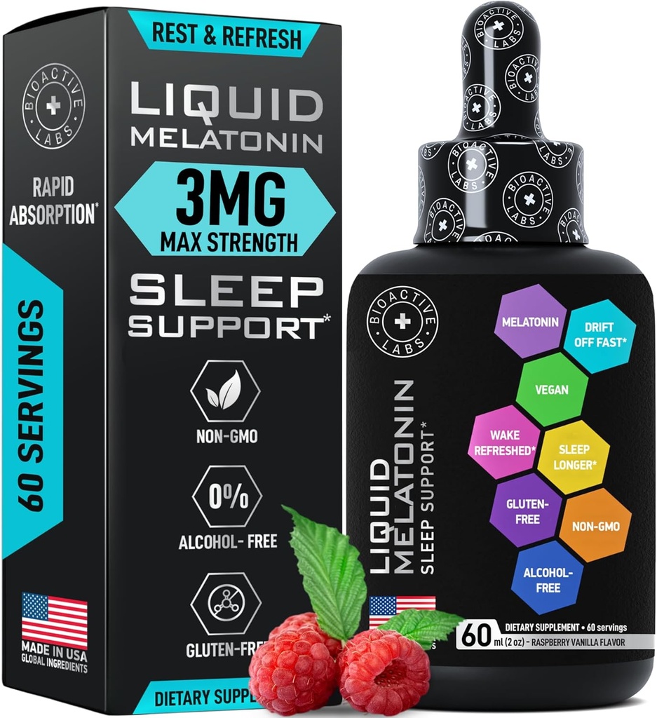 Tekutý melatonin pro dospělé a děti - 3mg Extra síla Sublingvální tekutý melatonin pro děti a dospělé - Spánek Rychlé Lipozomální kapky - Přírodní Raspberry Flavor Sleep Aid - 60ml